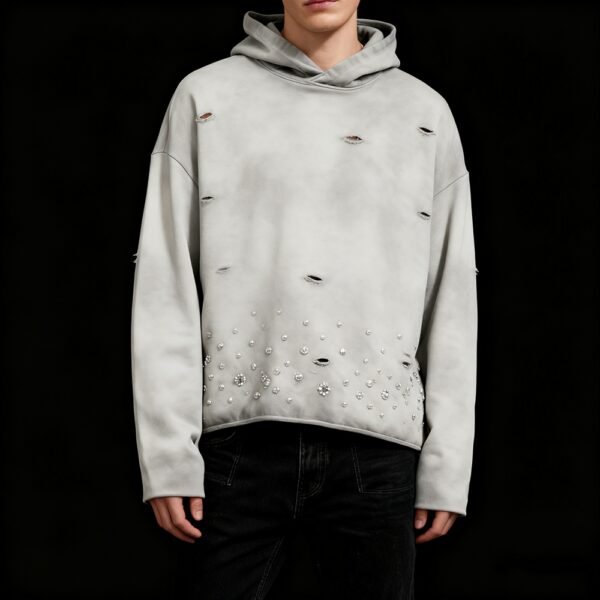 Custom Distressed Rhinestone Acid-Wash Pullover Hoodie - Style 69793D - product detail view 3 Custom Distressed Rhinestone Acid-Wash Pullover Hoodie - Style 69793D - product detail view 3