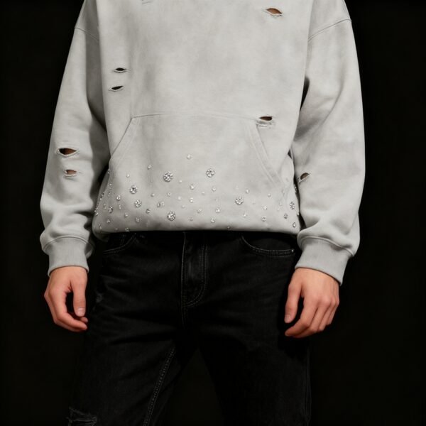 Custom Distressed Rhinestone Acid-Wash Pullover Hoodie - Style 69793D - product detail view 5 Custom Distressed Rhinestone Acid-Wash Pullover Hoodie - Style 69793D - product detail view 5