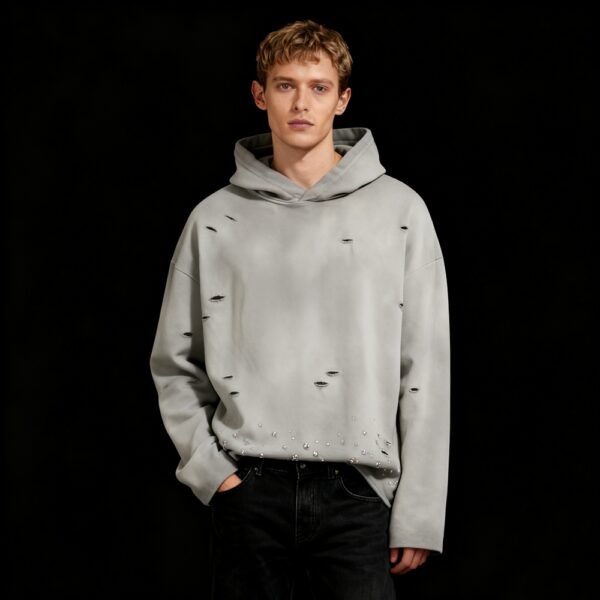 Custom Distressed Rhinestone Acid-Wash Pullover Hoodie - Style 69793D - product detail view 6 Custom Distressed Rhinestone Acid-Wash Pullover Hoodie - Style 69793D - product detail view 6