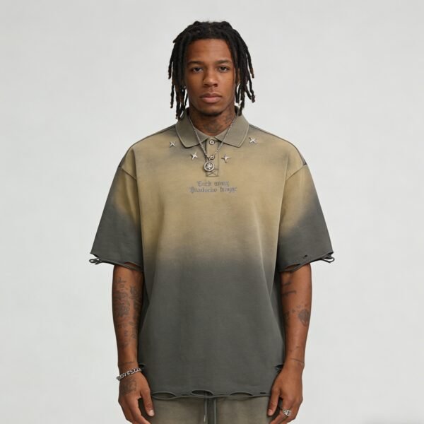 Custom Distressed Spray-Dyed Rivet Embroidered Polo - Style E598FA - product detail view 7 Custom Distressed Spray-Dyed Rivet Embroidered Polo - Style E598FA - product detail view 7