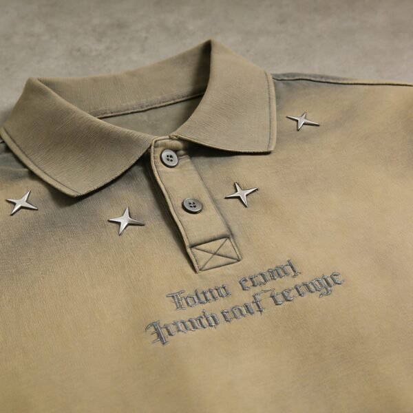 Custom Distressed Spray-Dyed Rivet Embroidered Polo - Style E598FA - product detail view 8 Custom Distressed Spray-Dyed Rivet Embroidered Polo - Style E598FA - product detail view 8