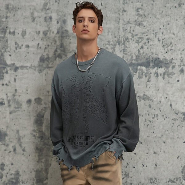 Custom Distressed Skeleton Motif Crew Knit Sweater - Style C37D2C - product detail view 3 Custom Distressed Skeleton Motif Crew Knit Sweater - Style C37D2C - product detail view 3
