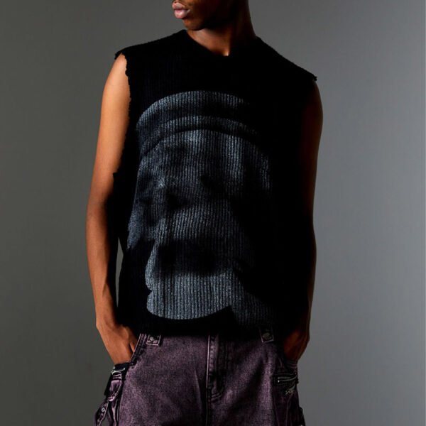Custom Distressed Sleeveless Graphic Knit Sweater - Style 36DCBF - product detail view 2 Custom Distressed Sleeveless Graphic Knit Sweater - Style 36DCBF - product detail view 2
