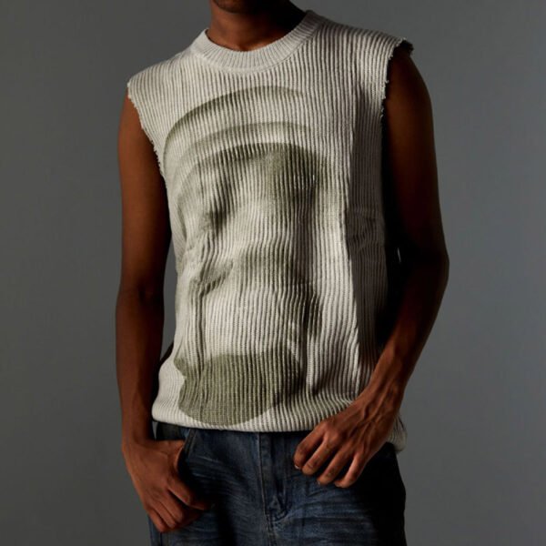 Custom Distressed Sleeveless Graphic Knit Sweater - Style 36DCBF - product detail view 5 Custom Distressed Sleeveless Graphic Knit Sweater - Style 36DCBF - product detail view 5
