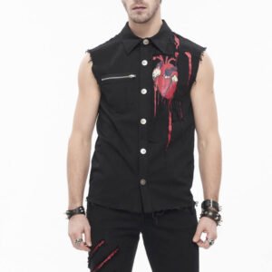 Man wearing a custom black distressed graphic sleeveless woven shirt with heart print