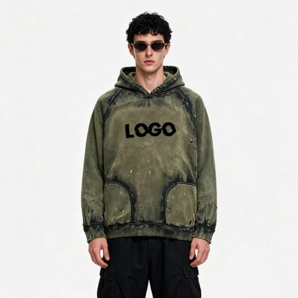 Custom Washed Spray Dye Distressed Pullover Hoodie - Style 0AA508 - product detail view 7