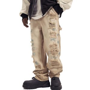 Men's beige distressed oversized straight leg streetwear pants with rips