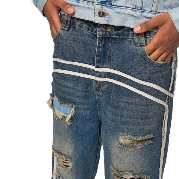 Blue distressed denim jeans with white stripe panels