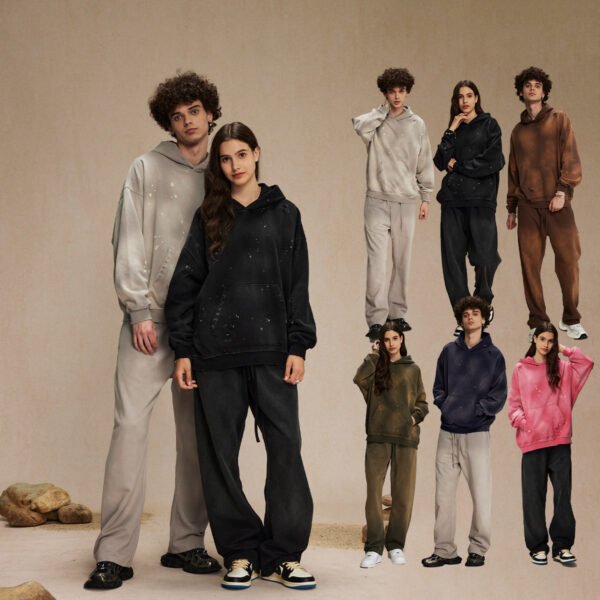 Custom 450 GSM Distressed Terry Pullover Hoodie 2532 - Style 5B3AFA Models wearing custom terry cloth distressed ink splash pullover hoodies and sweatpants.