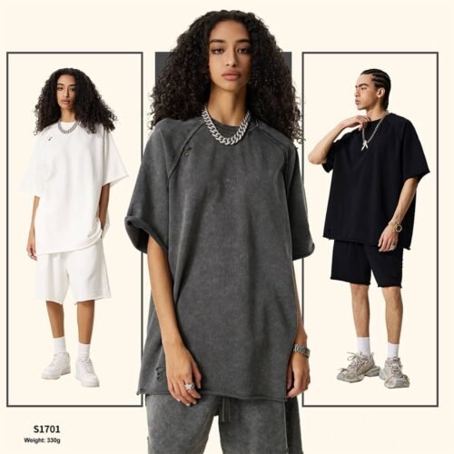 Custom Distressed Terry Raglan Oversized Tee - Style E11C30 Models wearing oversized distressed terry t-shirts and shorts
