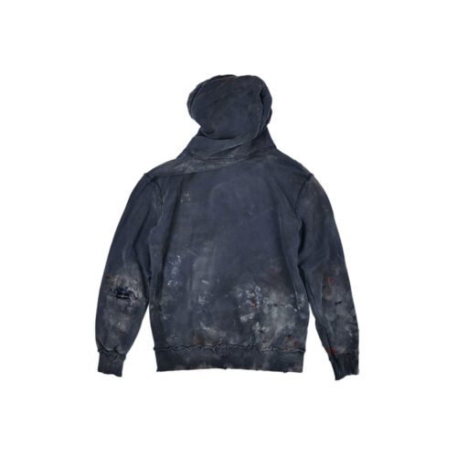 Dark gray distressed vintage-wash hoodie with paint splatters and rips