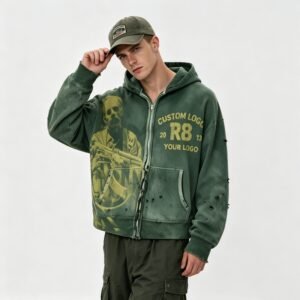 Custom Vintage-Washed Distressed Graphic Pullover Hoodie - Style E513E2