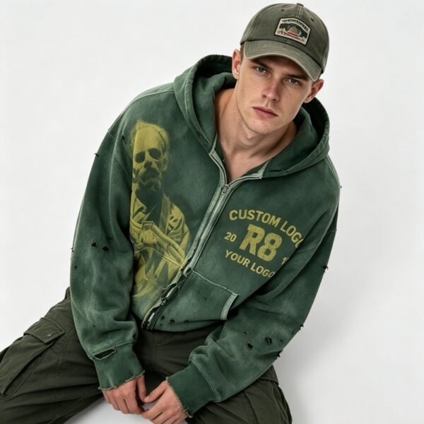 Custom Vintage-Washed Distressed Graphic Pullover Hoodie - Style E513E2 - product detail view 2
