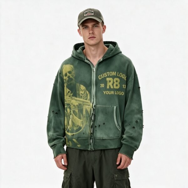Custom Vintage-Washed Distressed Graphic Pullover Hoodie - Style E513E2 - product detail view 4