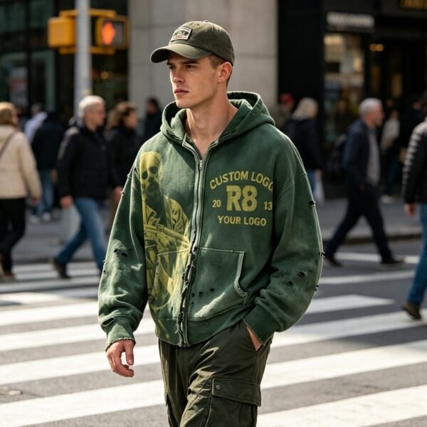 Custom Vintage-Washed Distressed Graphic Pullover Hoodie - Style E513E2 - product detail view 8