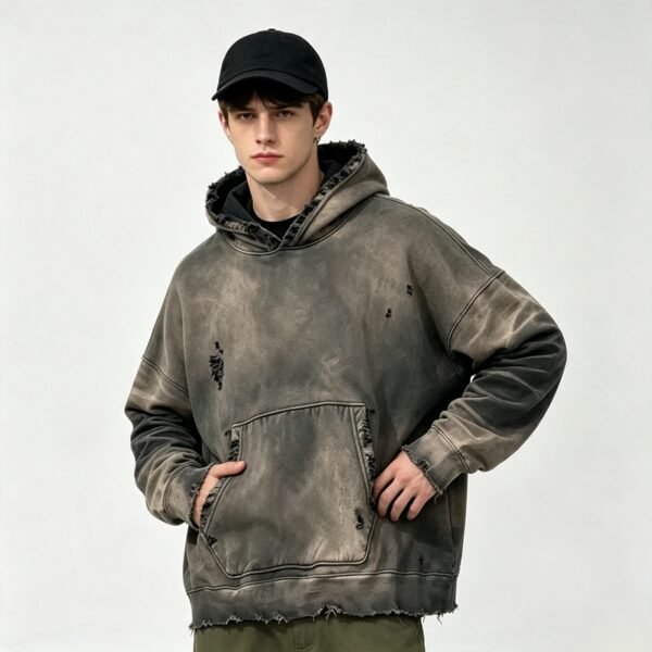 Man wearing a distressed washed grey pullover hoodie with ripped details