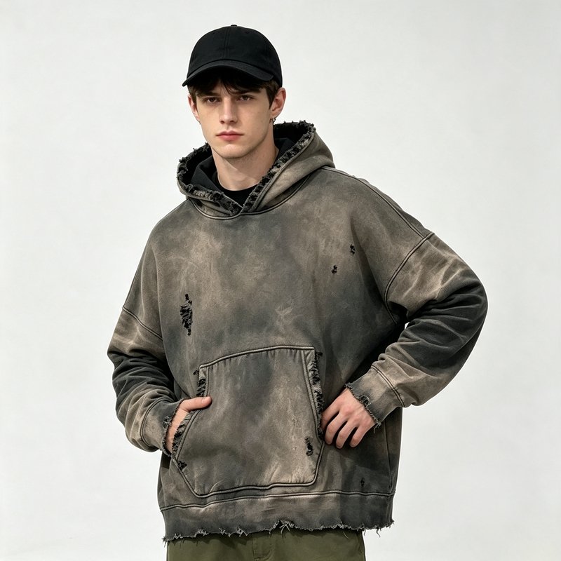 Man wearing a distressed washed grey pullover hoodie with ripped details