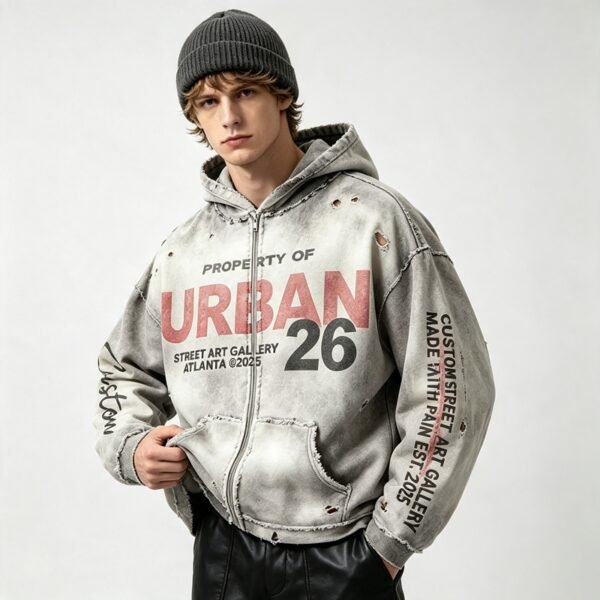 Custom Distressed Washed Graphic Hoodie - Style 0F0556 - product detail view 2