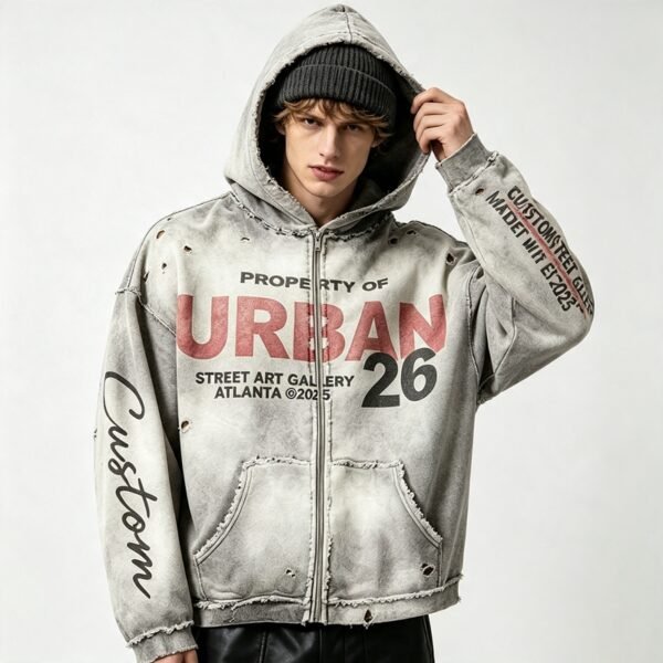 Custom Distressed Washed Graphic Hoodie - Style 0F0556 - product detail view 3