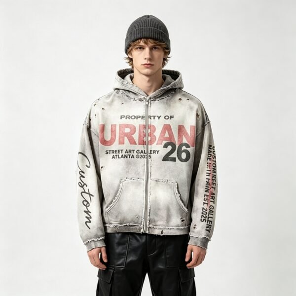 Custom Distressed Washed Graphic Hoodie - Style 0F0556 - product detail view 4
