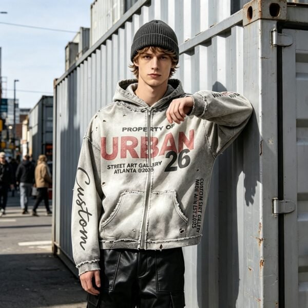 Custom Distressed Washed Graphic Hoodie - Style 0F0556 - product detail view 6