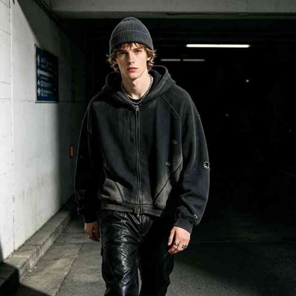 Custom Distressed Zip-Front Heavyweight Hoodie - Style 8F5B93 - product detail view 3 Custom Distressed Zip-Front Heavyweight Hoodie - Style 8F5B93 - product detail view 3