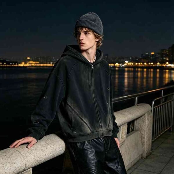 Custom Distressed Zip-Front Heavyweight Hoodie - Style 8F5B93 - product detail view 4 Custom Distressed Zip-Front Heavyweight Hoodie - Style 8F5B93 - product detail view 4