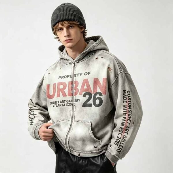 Custom Distressed Zip-Front Graphic Hoodie - Style 92E1A7 - product detail view 2
