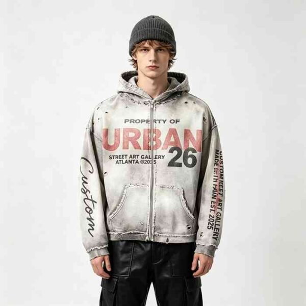 Custom Distressed Zip-Front Graphic Hoodie - Style 92E1A7 - product detail view 6