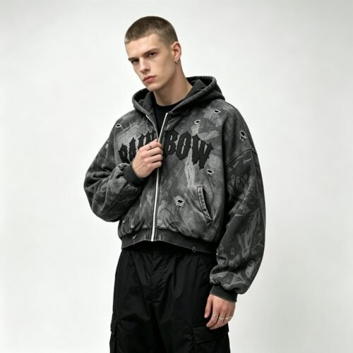 Custom Distressed Graphic Zip-Front Hooded Sweatshirt - Style 0CD287