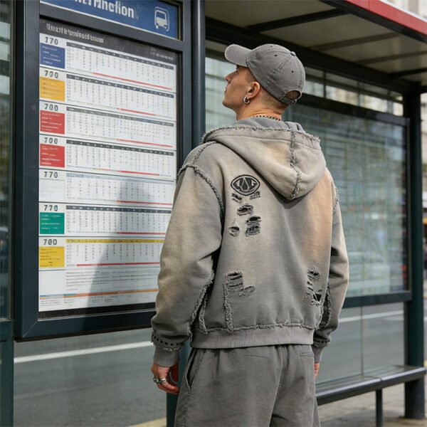 Custom Distressed Hooded Zip-Up Hoodie - Style FC3ADD - product detail view 2 Custom Distressed Hooded Zip-Up Hoodie - Style FC3ADD - product detail view 2