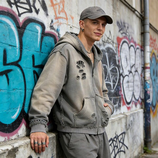 Custom Distressed Hooded Zip-Up Hoodie - Style FC3ADD - product detail view 3 Custom Distressed Hooded Zip-Up Hoodie - Style FC3ADD - product detail view 3