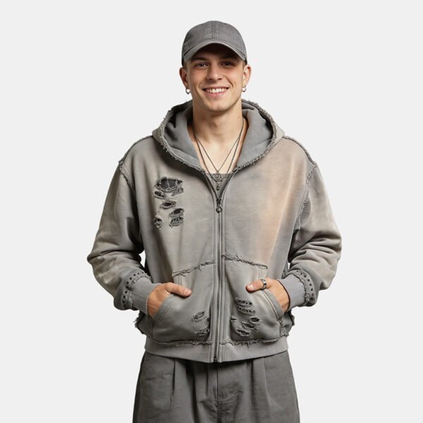 Custom Distressed Hooded Zip-Up Hoodie - Style FC3ADD - product detail view 5 Custom Distressed Hooded Zip-Up Hoodie - Style FC3ADD - product detail view 5