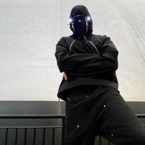 Men's black nylon double-zip hooded jacket with futuristic details