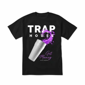 Black graphic t-shirt with 'TRAP HOUSE' and 'Get Money' text