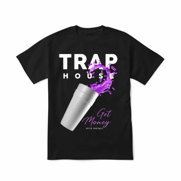 Custom Elevated Collar Graphic Streetwear T-Shirt - Style 93942C Black graphic t-shirt with 'TRAP HOUSE' and 'Get Money' text