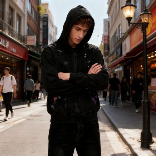 Man wearing a black embellished zip-front streetwear hoodie with embroidered details