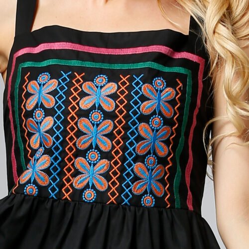 Custom Embroidered Square-Neck Midi Dress D38E - Style D38E54 Close-up of a black midi dress with colorful embroidered panel
