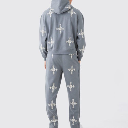 Custom Gray Embroidered Oversized Hooded Jacket F50FF668 - Style F50FF6 Gray oversized hooded jacket and jogger pants set with white cross embroidery