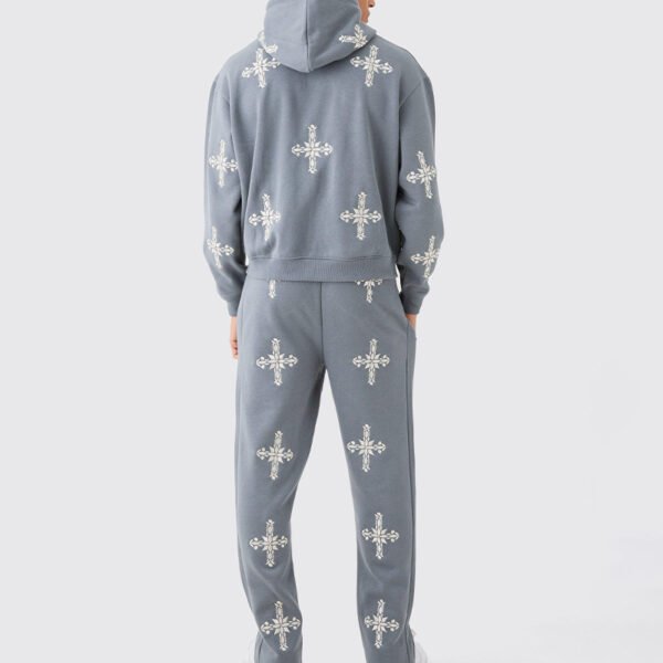 Custom Gray Embroidered Oversized Hooded Jacket F50FF668 - Style F50FF6 Gray oversized hooded jacket and jogger pants set with white cross embroidery