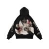 Black embroidered full-zip hoodie with graphic design