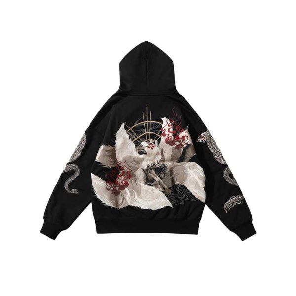 Black embroidered full-zip hoodie with graphic design