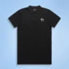 Custom Embroidered Pique Polo Shirt - Style CE804E Black polo shirt with a small angel graphic patch on the chest