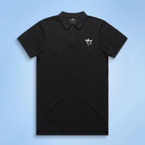Custom Embroidered Pique Polo Shirt - Style CE804E Black polo shirt with a small angel graphic patch on the chest