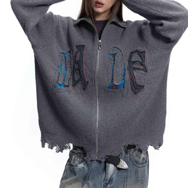 Custom Embroidered Zip-Front Distressed Knit Sweater - Style 2F07C2 - product detail view 4
