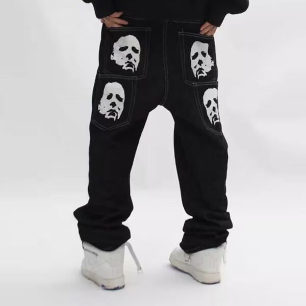 Custom Face Patch Stacked Straight-Leg Jeans 3F3136CD - Style 3F3136 Black straight-leg jeans with custom face patches on back pockets