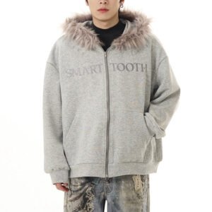 Custom Gray Faux-Fur Hood Zip Jacket - Style 0FC8C6
