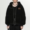 Custom Hooded Faux Lamb Fleece Zip Jacket - VWW-FJ01 - Style 26AE03 Black hooded faux lamb fleece zip jacket with a subtle leather patch.
