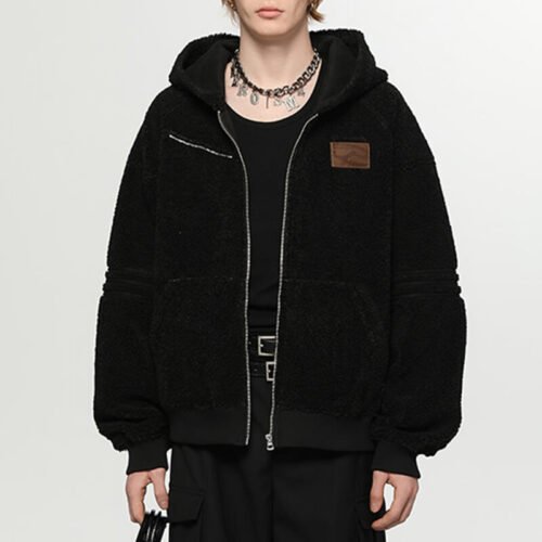 Black hooded faux lamb fleece zip jacket with a subtle leather patch.