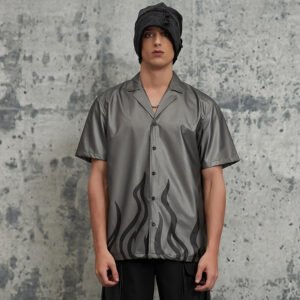 Grey faux leather short-sleeve shirt with black flame graphics